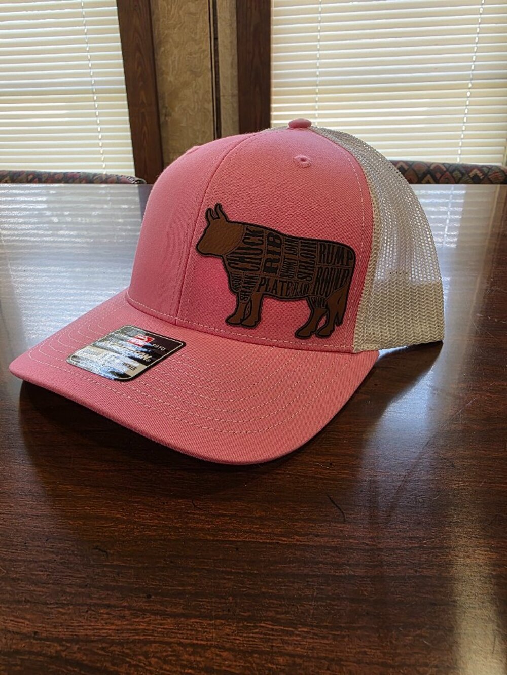 Pink/White Adjustable Mesh Back Trucker Hat Cow Meat Cuts Graphic Patch
